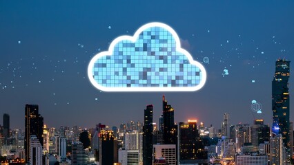 Cloud computing technology and online data storage for alteration data sharing . Computer connects to internet network server service for cloud data transfer shown in 3D futuristic graphic interface .