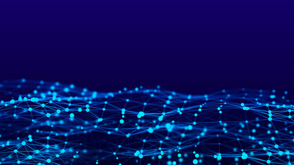 The flow of particles in a dynamic wave. Data visualization. Abstract dark background. 3D rendering.