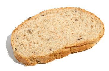 Oval rye piece of bread on a white isolated background, bread with bran and seeds
