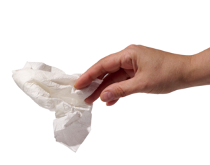 Woman's hand holding a white paper napkin on a white background