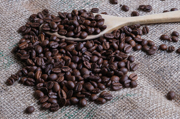 Coffee beans on burlap cloth collected with a wooden spoon