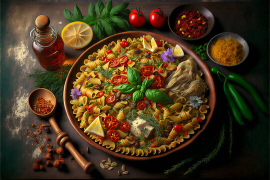 A delicious and beautiful pasta dish with herbs and vegetables. Generative AI