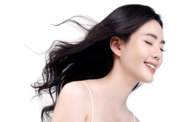 Head shot pretty Asian woman with curly hair isolated on transparent background. Hair care. Keratin treatment. Beauty fashion make up and hairstyle. PNG file format.