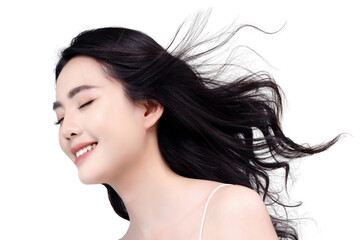 Head shot pretty Asian woman with curly hair isolated on transparent background. Hair care. Keratin treatment. Beauty fashion make up and hairstyle. PNG file format.