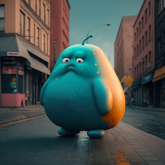Bad mood. Graphic cartoon character. Sad pear in the city. Animation. Fictional superhero. Children's superhero. dull pear. Sad emotions. Created with Generative AI technology, AI technology