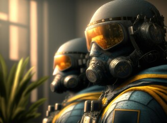Special Forces Detachment. Soldiers in modern military uniform. War, soldiers, overalls. Soldiers on special mission. Ukrainian soldiers. yellow blue color. Created with Generative AI technology, AI t