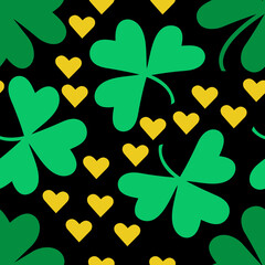 Seamless pattern vector design for St. Patrick's Day. A picture with a clover and a hat on a dark background. Postcard, square template, print on paper, fabric.