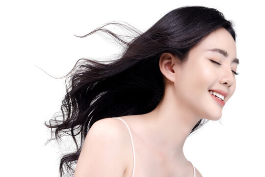 Head shot pretty Asian woman with curly hair isolated on transparent background. Hair care. Keratin treatment. Beauty fashion make up and hairstyle. PNG file format.