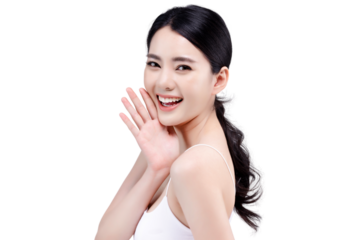 Studio shot of Beautiful young Asian woman with clean fresh skin on transparent background, Face care, Facial treatment, Cosmetology. PNG file format.