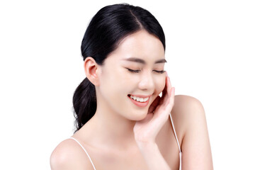 Studio shot of Beautiful young Asian woman with clean fresh skin on transparent background, Face...