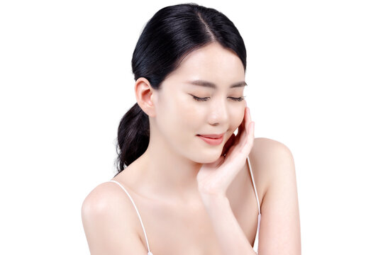 Studio shot of Beautiful young Asian woman with clean fresh skin on transparent background, Face care, Facial treatment, Cosmetology. PNG file format.