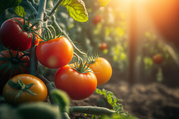 Tomatoes growing in greenhouse - Generative AI - obrazy, fototapety, plakaty