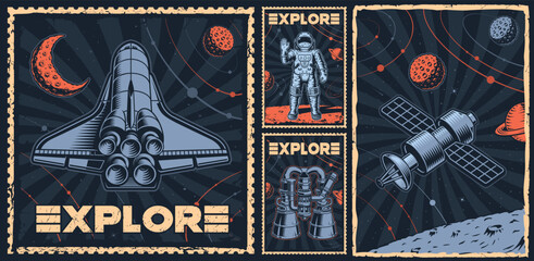 Set of colour vintage space poster with a space shuttle, astronaut, rocket engine, satellite . This design can also be used as a t-shirt print.