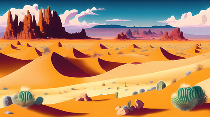 Naklejka na ściany i meble Desert Arid Fantasy Landscape Illustration with Succulents, Cactus, Mountains and Dunes. Generative AI