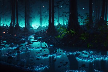 A magical glowing pine forest digital art