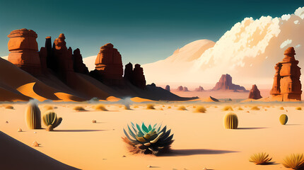 Desert Arid Fantasy Landscape Illustration with Succulents, Cactus, Mountains and Dunes. Generative AI