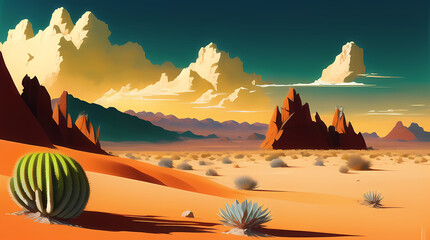 Naklejka na ściany i meble Desert Arid Fantasy Landscape Illustration with Succulents, Cactus, Mountains and Dunes. Generative AI