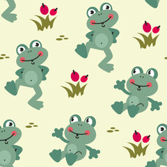 Colorful seamless pattern with funny cartoon dancing frog in flat style. Endless texture for fabric, baby clothes, background, textile, wallpaper. Vector illustration.