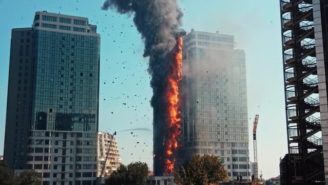 Fire, high-rise building in city,terror against civilian population.War, Ukraine