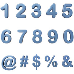 3D Blue metallic numbers. Including the percentage symbol, dollar sign, hashtag, ampersand and at sign. Perfect for social media design.