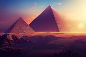 Fototapeta na wymiar Two ancient pyramids in egyptian desert at sunset (Generative AAI)