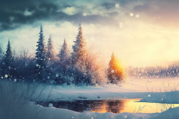 Illustration einer schneebedeckten Winterlandschaft in einer schönen Lichtstimmung in der Unschärfe als Hintergrund, Generative AI