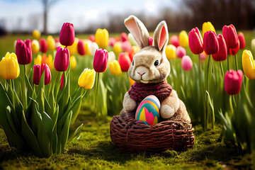 Cute rabbit as easter bunny with easter egg in basket as easter illustration (Generative AI)