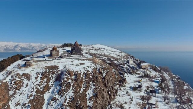 Drone View Of Georgian Orthodox Monastery Jvari In Mtskheta, Georgia. Rivers Mtkvari And Aragvi In Background. aerial arc shot