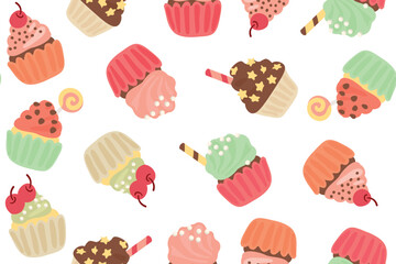 Seamless pattern of delicious cupcakes. Dessert vector illustration design