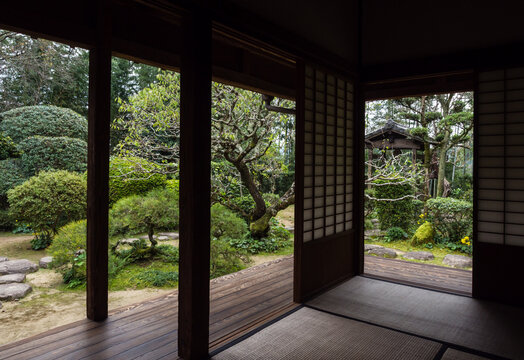 Kitsuki, Japan - October 31, 2016: Traditional Japanese house with garden at Isoya samurai residence
