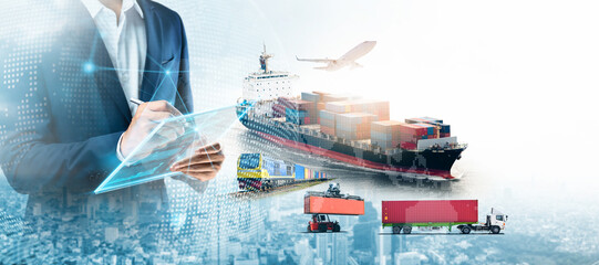 Business and technology digital future of cargo containers logistics transportation import export...