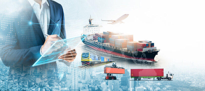 Business and technology digital future of cargo containers logistics transportation import export concept, Engineer using tablet online tracking control delivery distribution on world map background