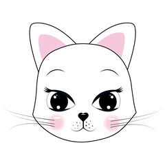 Cute cat face .Fairy tale theme. For the design of fashion fabric, t-shirt prints, cups, stickers, cards. Vector.