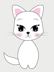 White cute cat with big eyes sits on a gray background.