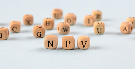 NPV written on a wooden cube , business concept