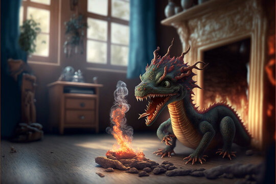 Cute fire dragon child, a baby dragon creature. Fantasy creature, a funny tiny fire dragon inside a stylish house. Generative AI illustration