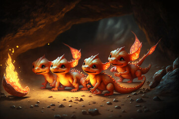 A family of dragons lives in the cave underground. Baby dragons. Beautiful mythical creature's lifestyle. Generative AI illustration	
