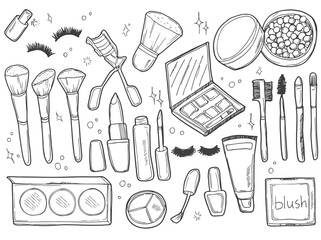 Beauty Make up Fashion Girl Day Doodle Icons Hand Made vector illustration sketch.