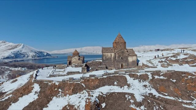 Drone View Of Georgian Orthodox Monastery Jvari In Mtskheta, Georgia. Rivers Mtkvari And Aragvi In Background. aerial arc shot