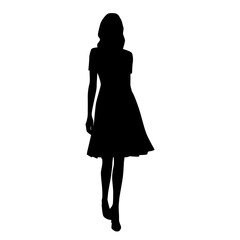 Vector silhouette of a young attractive slender woman in a summer dress, standing, black color, isolated on a white background