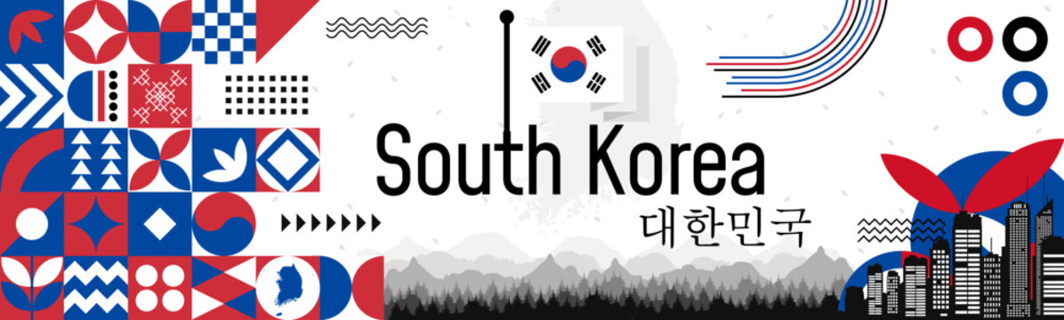 South Korea Independence Proclamation Day banner with name and map. Flag color themed Geometric abstract retro modern Design. White, red and blue color vector illustration template graphic design.