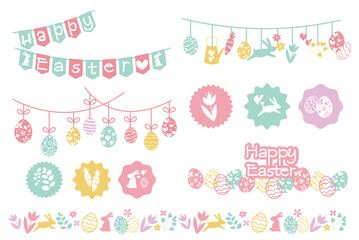 Set of Easter elements. Happy easter icons for design. Rabbits, eggs, flower and leaves decorative elements for Easter event design. Vector illustration.