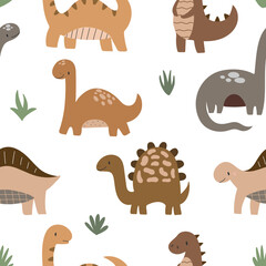 Naklejka premium Vector hand drawn colorful seamless repeat baby pattern with cute dinosaurs and scandinavian style textures for nursery and textile decoration.