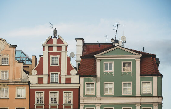 upper part of the facade of buildings in the old town, Wroclaw