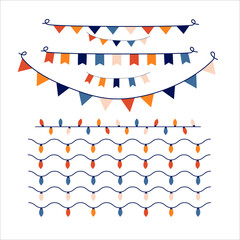 Obraz premium Strings of holiday lights and birthday flags white background. Vector illustration