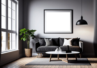 Mockup square frame living room home interior elegant furnishing, couch and cushion, grey and white colors. Generative AI 3D render