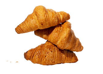 Fresh croissants stack, French bakery composition isolated on white background