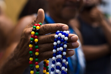 Details and props of the clothes of the traditional carnival group Filhos de Gandy that parade in...