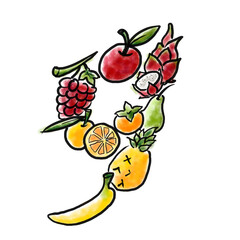 Fruits nine types  for paying respect to Chinese New Year  color - colour paint brush white background