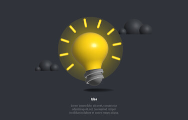 Business Idea Concept, Brainstorming. 3d Realistic Light Bulb. Metaphor of Psychology, Brain Study. Lighting Electric lamp. Electricity, Shine. Education and Learning. Vector 3d Cartoon Illustration